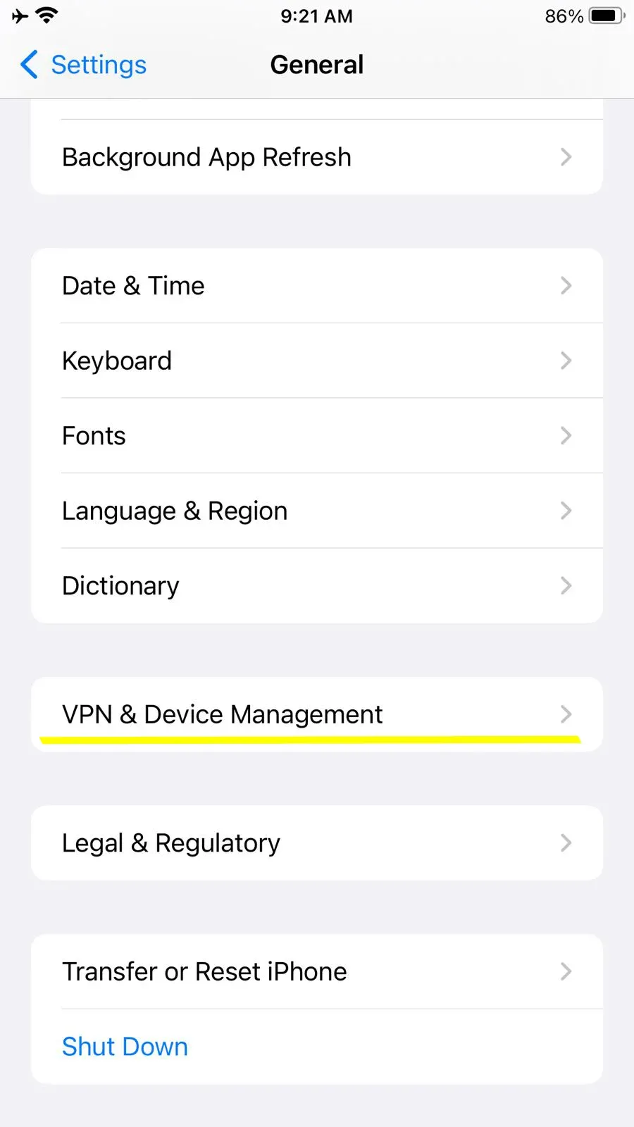 VPN and Device Management screen in iOS Settings