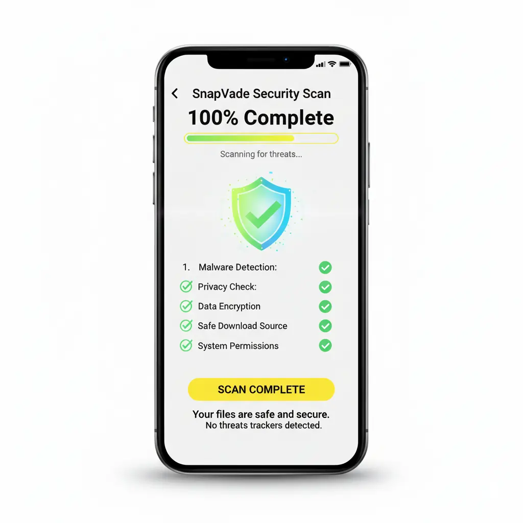 SnapVade security interface showing malware-free status and privacy protection features